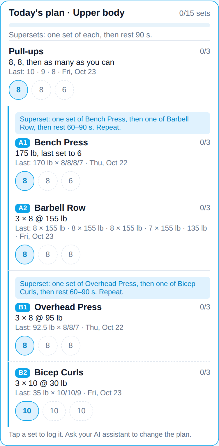 Today's plan on the dashboard, with sets to tap and log