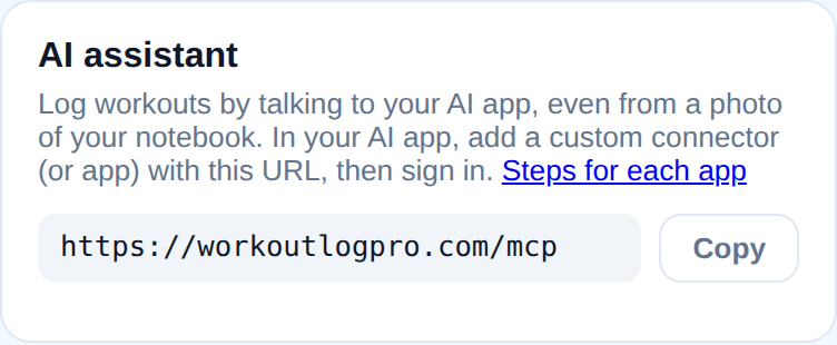 Settings with the connector URL and connected AI apps